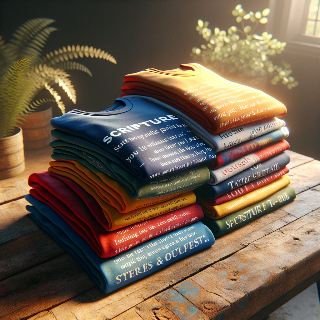 A collection of vibrant Scripture T-Shirts neatly displayed on a wooden table with an uplifting and peaceful background.