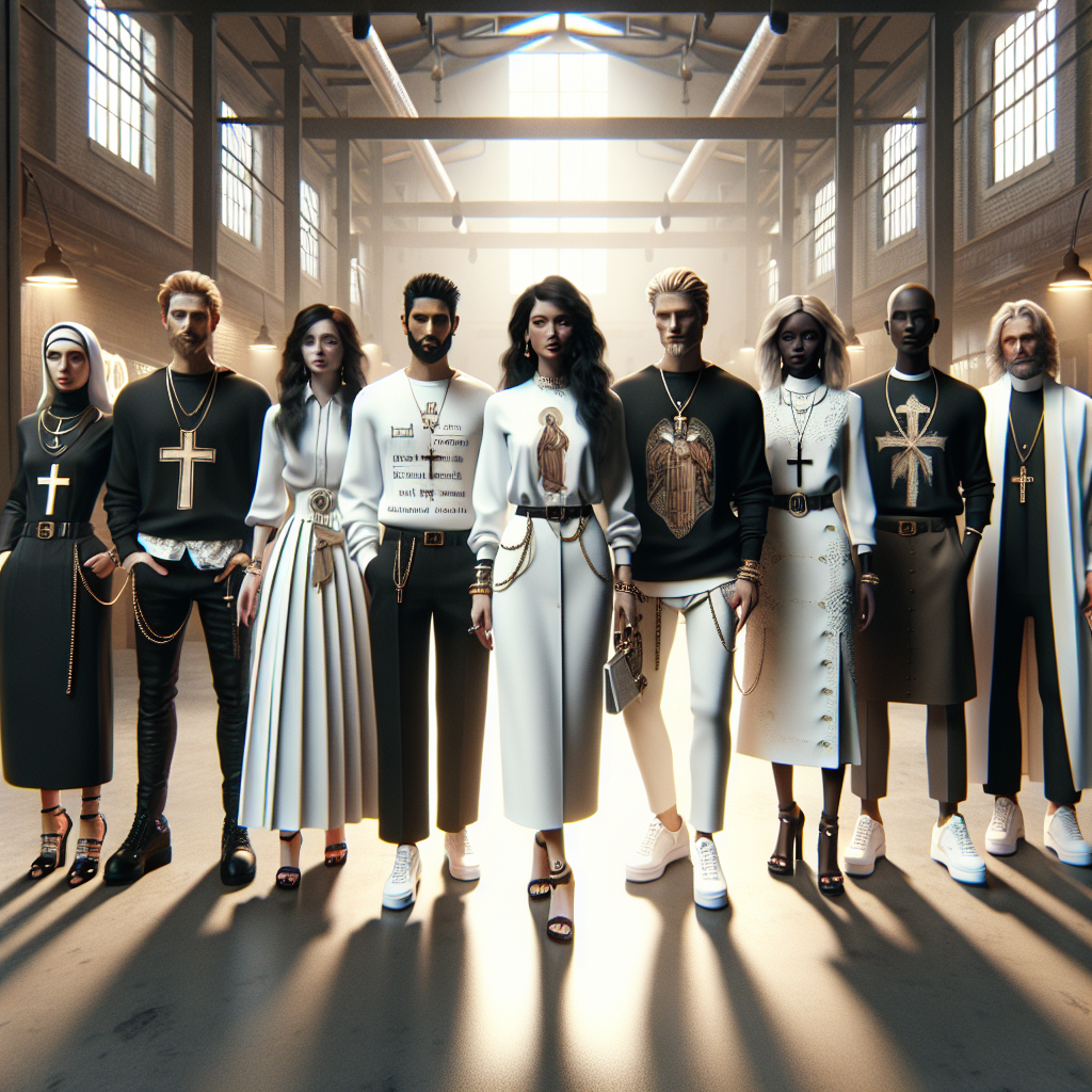 A diverse group of people showcasing modern Christian fashion in an urban setting, wearing stylish clothes with subtle religious symbols.