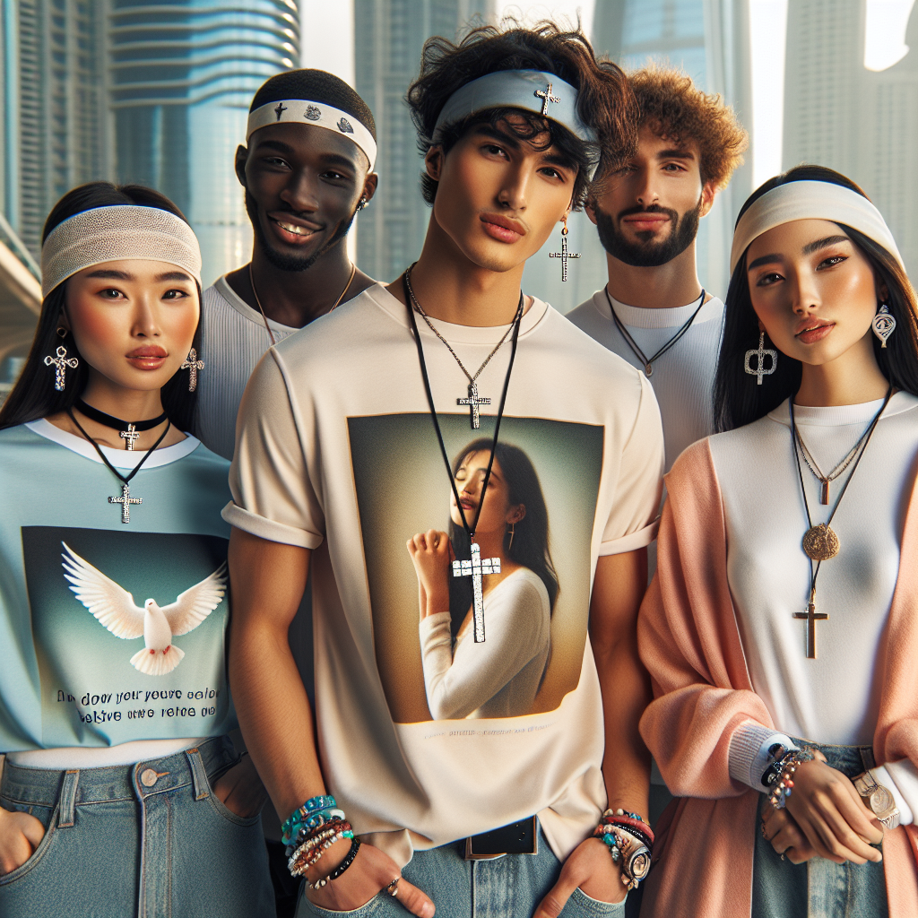 Young adults in modern Christian fashion with inspirational designs and subtle symbols.