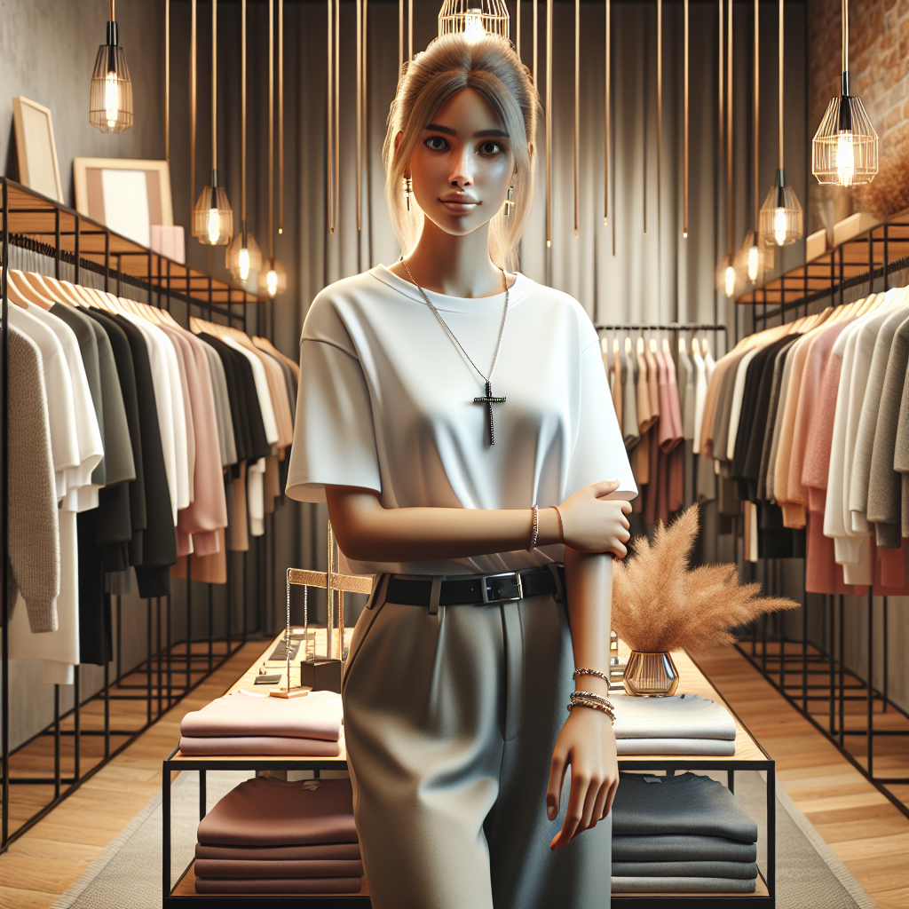 A young woman in a modern boutique wearing Christian-inspired fashion.