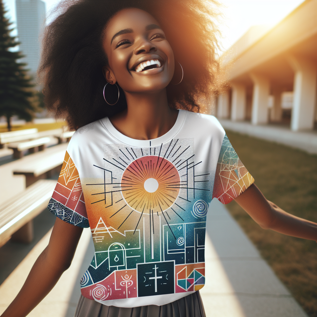 A person wearing a custom scripture t-shirt with an inspirational religious design, standing outdoors on a sunny day.