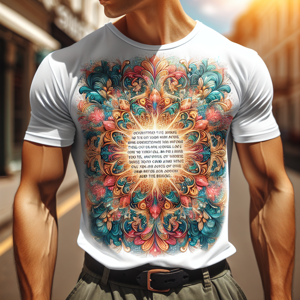 A person wearing a custom scripture t-shirt, standing on a sunny street with an inspirational design.