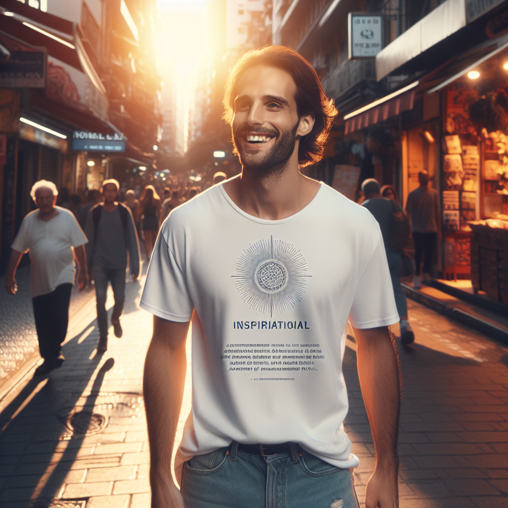 Person walking down a street wearing a custom scripture t-shirt with a minimalist Bible verse design.