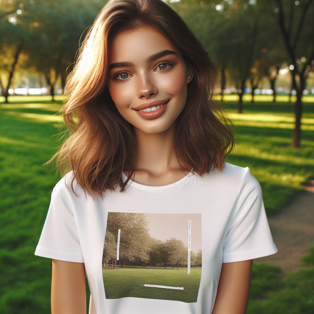 A young woman wearing a custom scripture t-shirt in a park during golden hour.