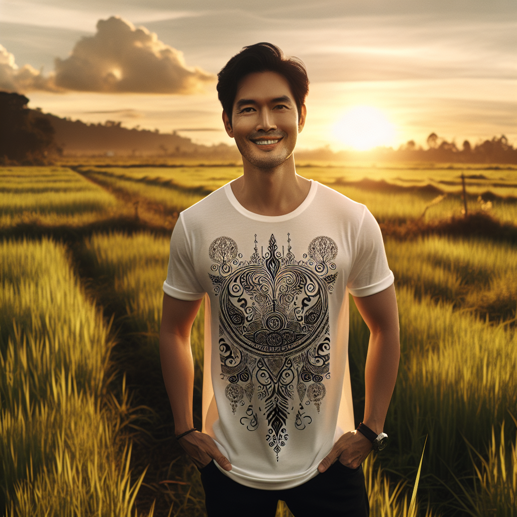 A person wearing a Bible verse t-shirt in a sunlit open field.