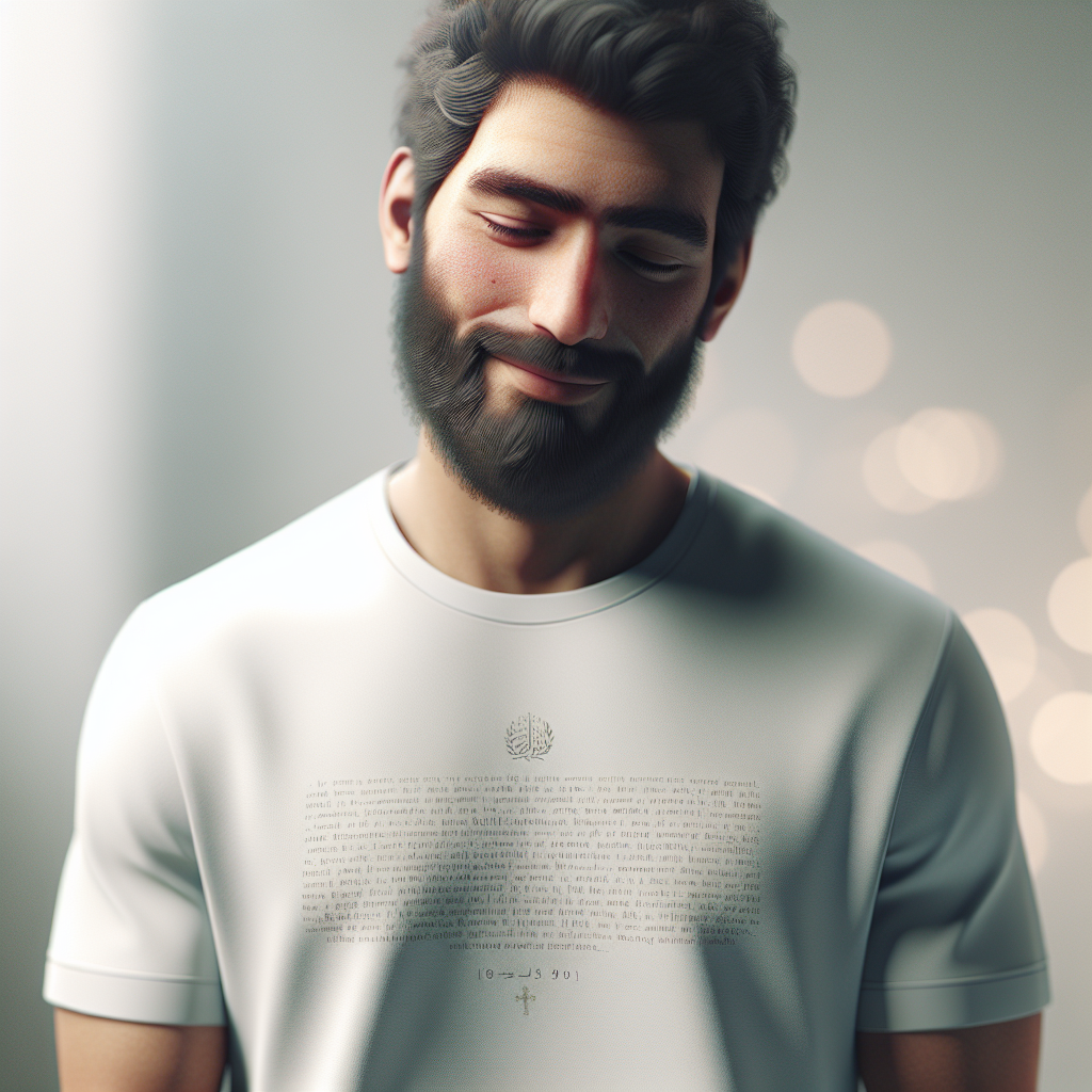 A person wearing a t-shirt with a subtle Bible verse design.