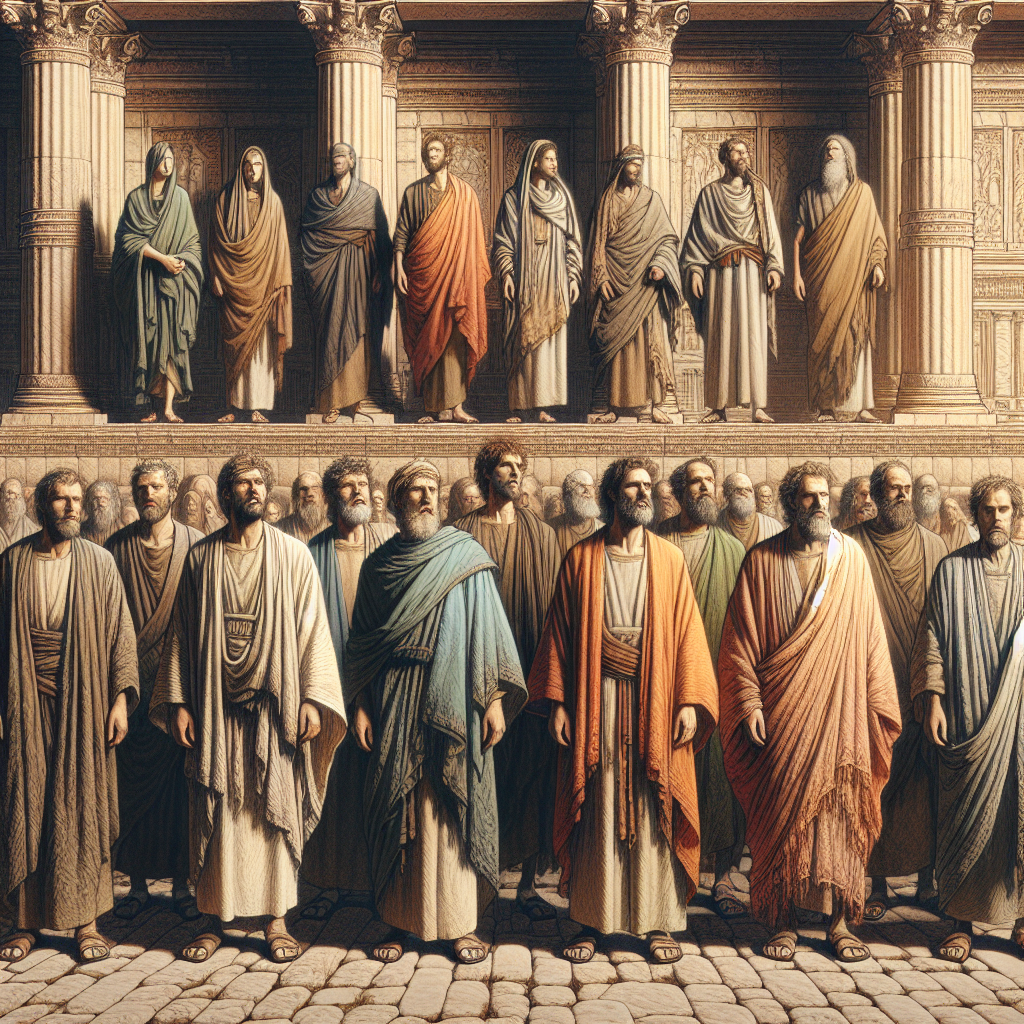 Historical figures in Biblical clothing, including tunics, robes, and priestly garments, depicted with historical accuracy.