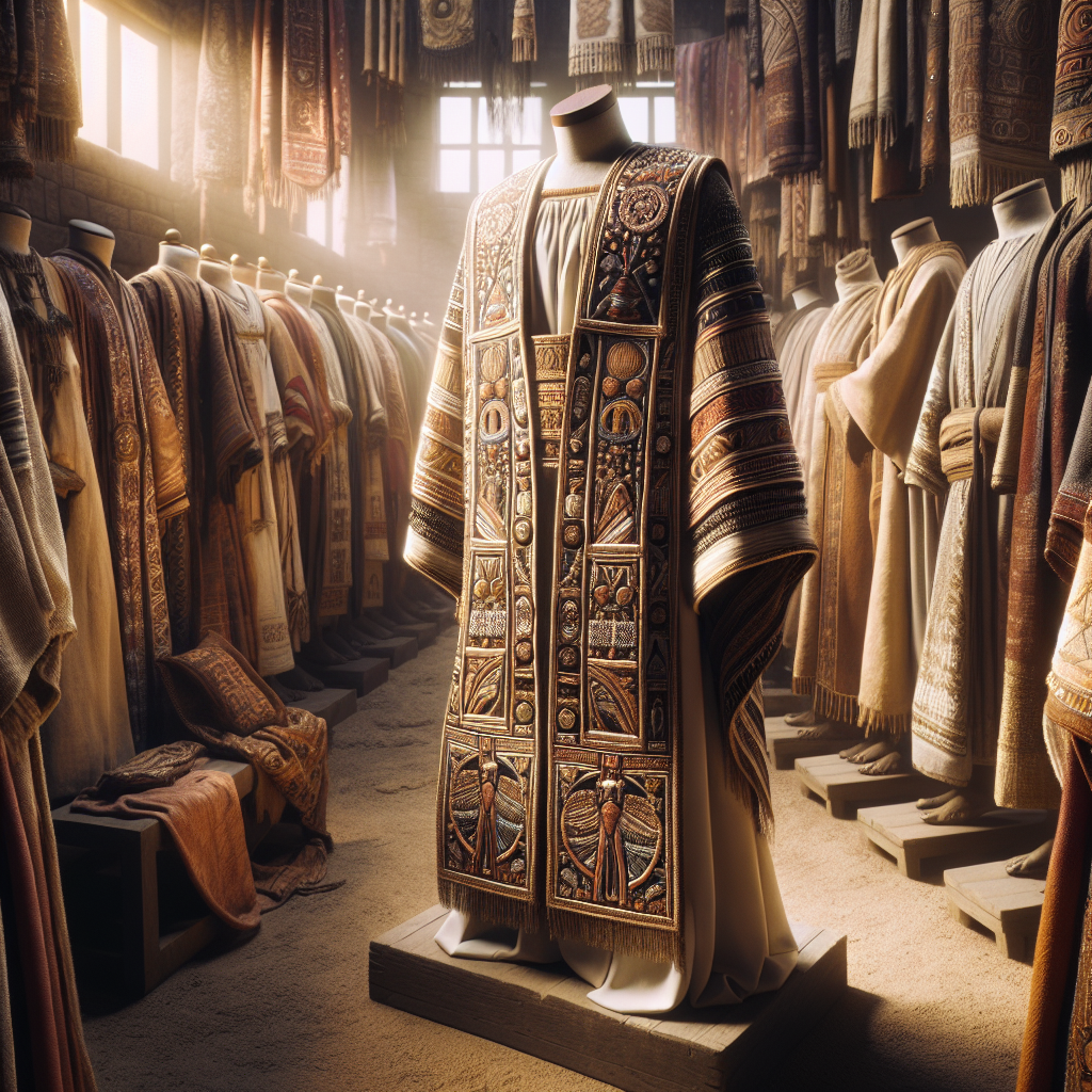 A realistic depiction of a priest wearing ancient Biblical clothing in a historical marketplace.