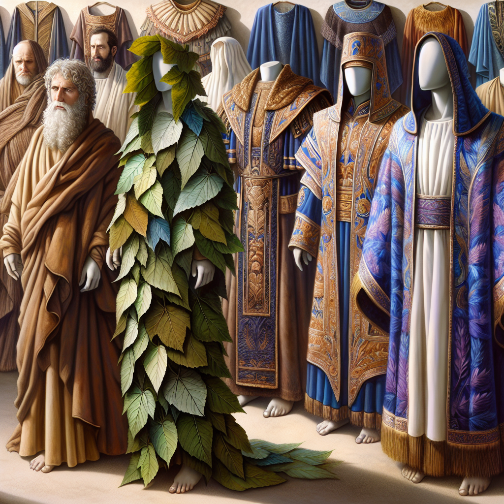 Illustration depicting biblical clothing including Adam and Eve's leaf garments and ornate priestly robes.