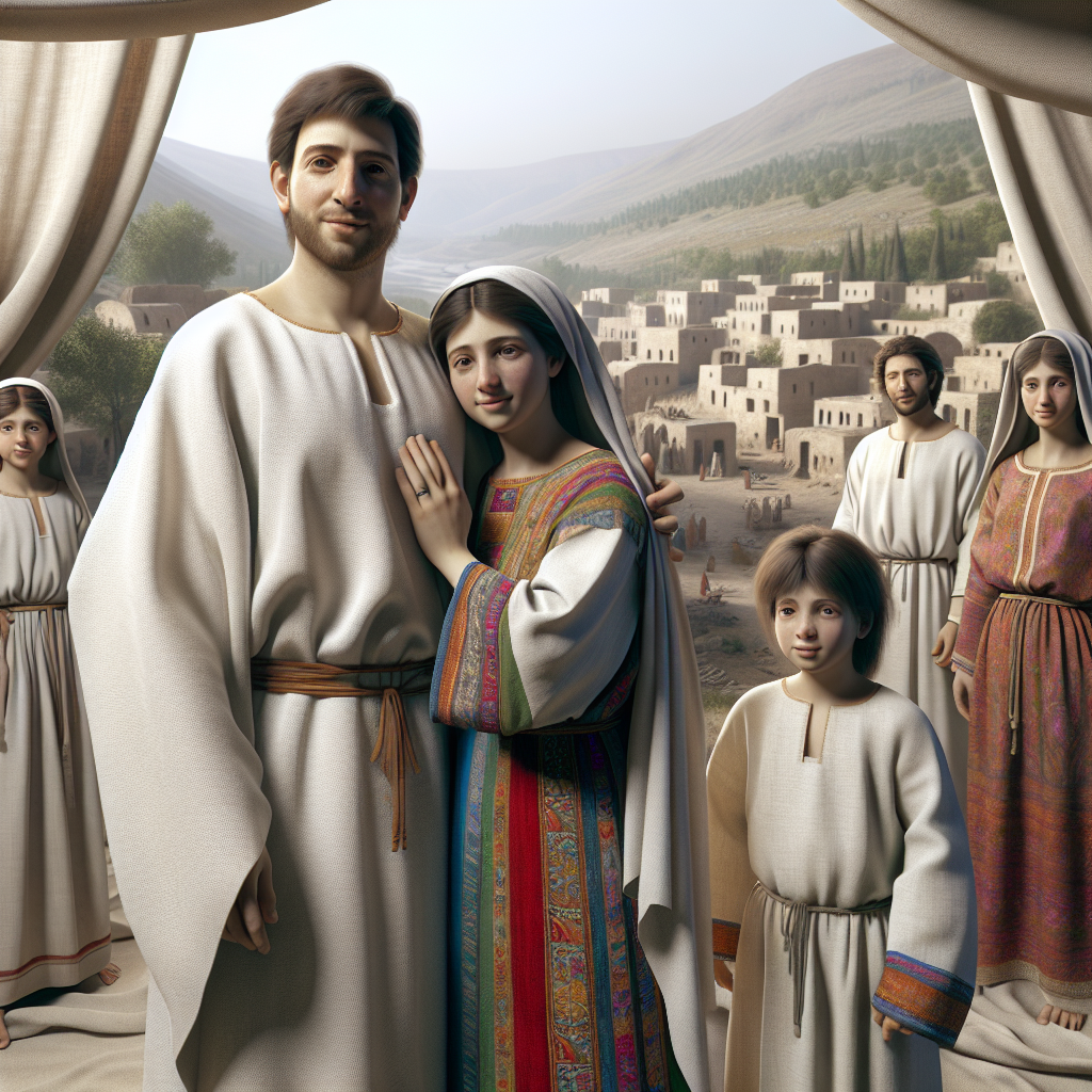 A realistic depiction of an Israelite family in ancient biblical clothing.
