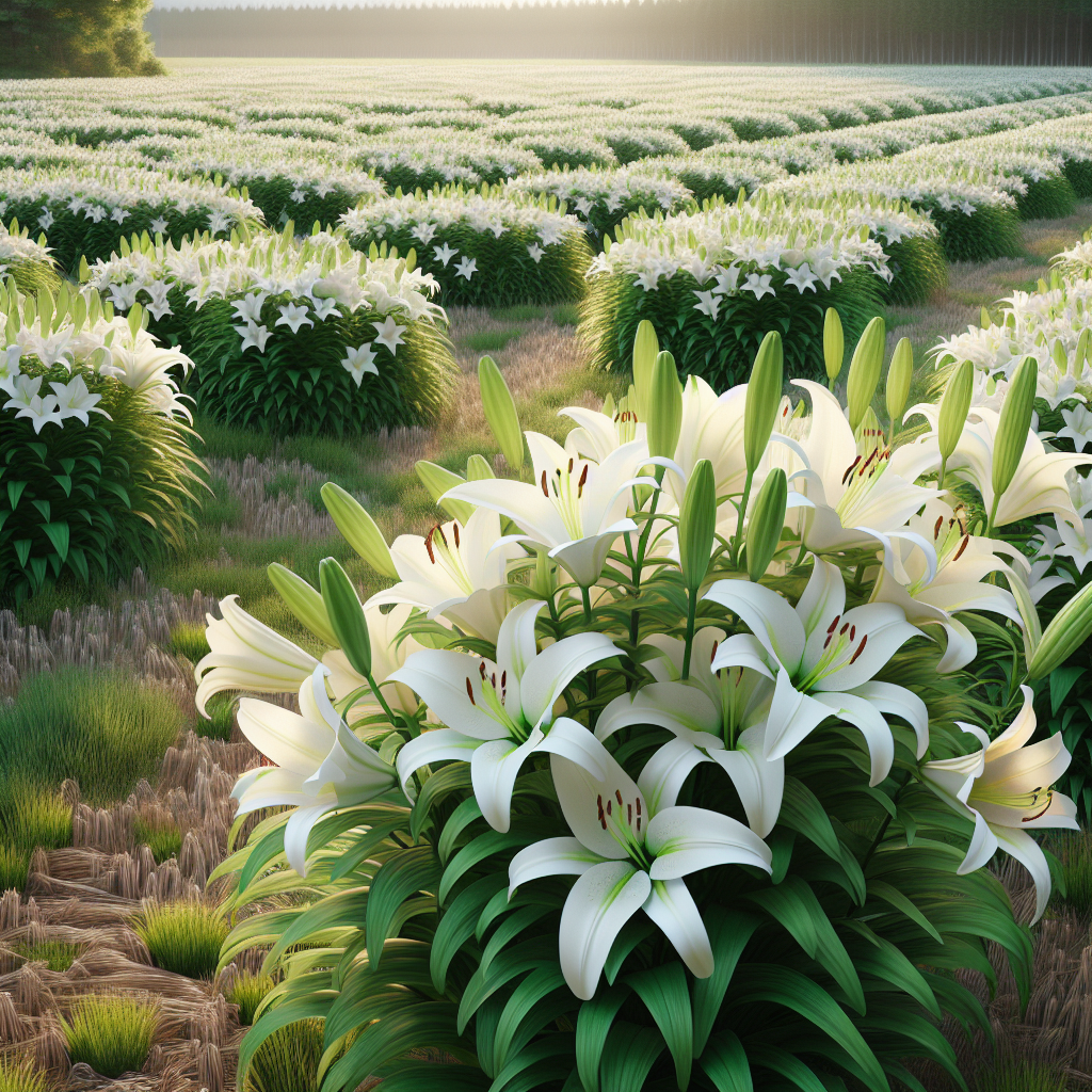 A field of white lilies in full bloom on a sunny morning.