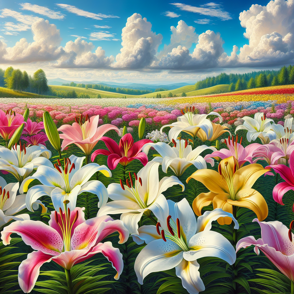 A realistic image of a field filled with colorful blooming lilies under a bright, clear sky.