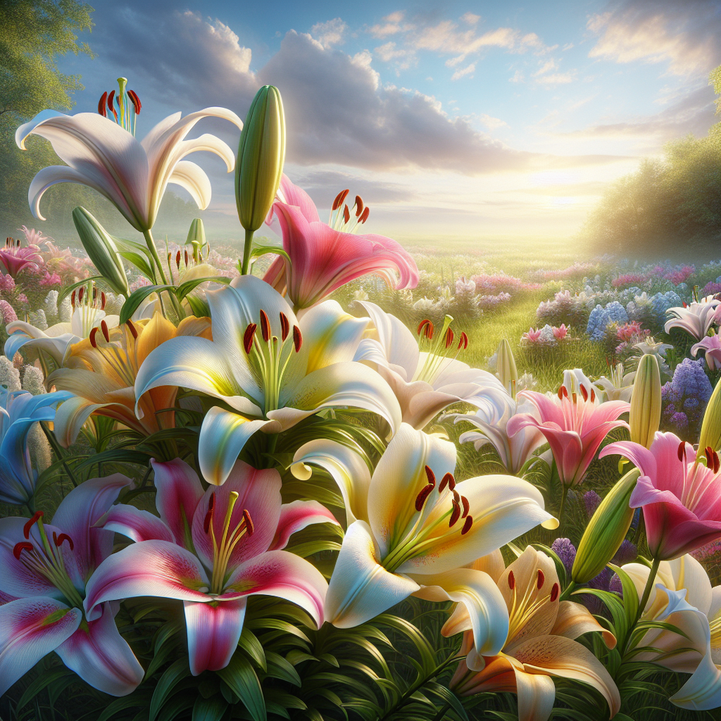 A serene field filled with blooming lilies under a clear blue sky.