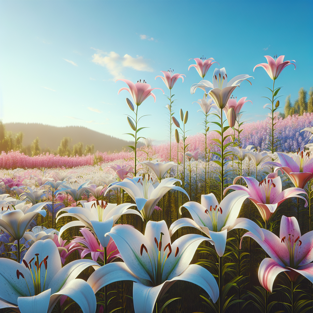 A realistic field of lilies under a bright blue sky, inspired by a Bible verse.