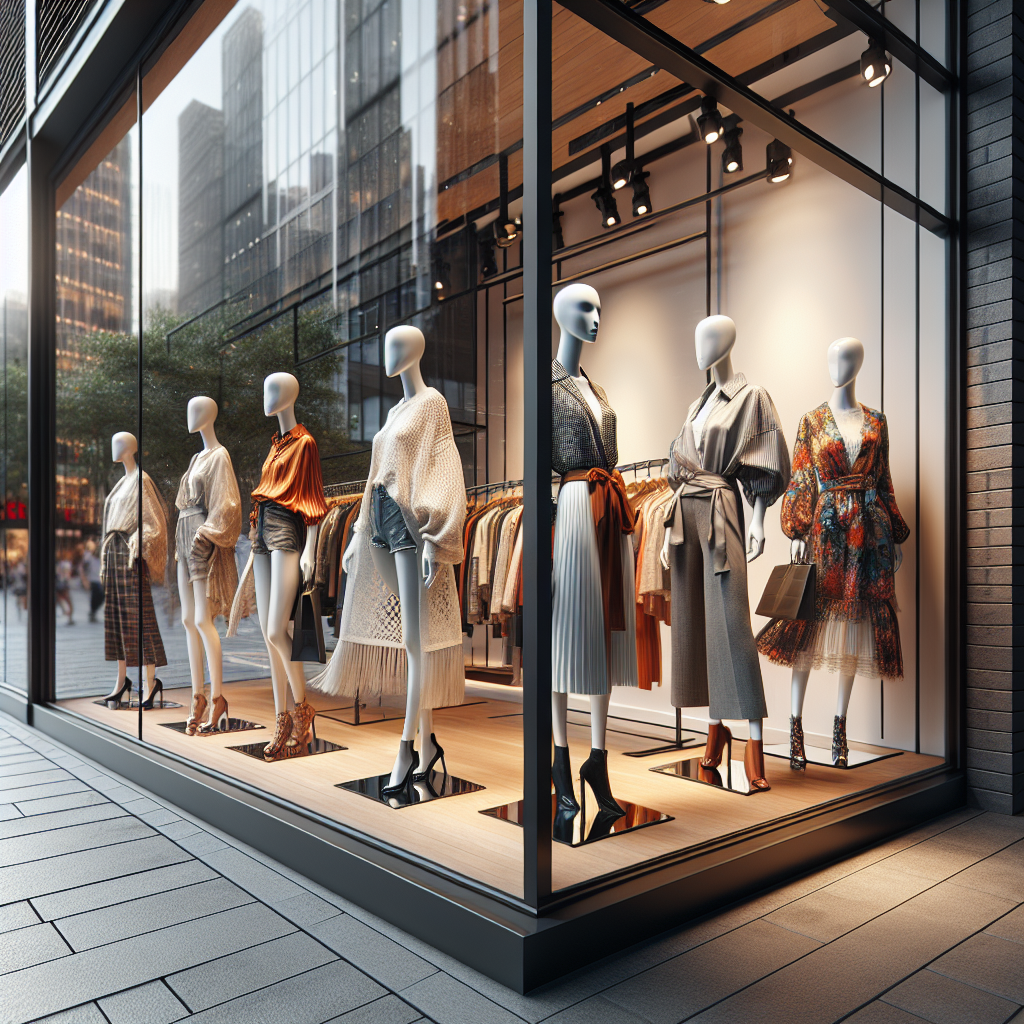 Realistic depiction of mannequins dressed in trendy clothing from various brands in an urban shop window display.