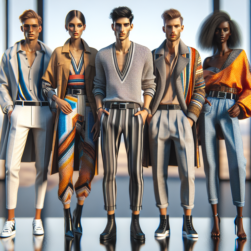 A modern fashion scene with diverse models showcasing high-quality outfits from various inspirational clothing brands.