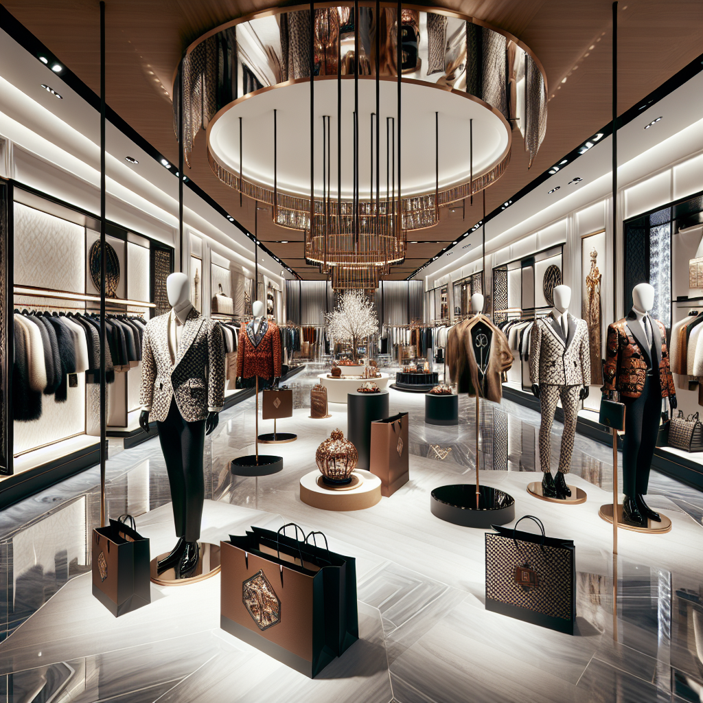 Interior of a high-end fashion boutique showcasing contemporary inspirational clothing brands.