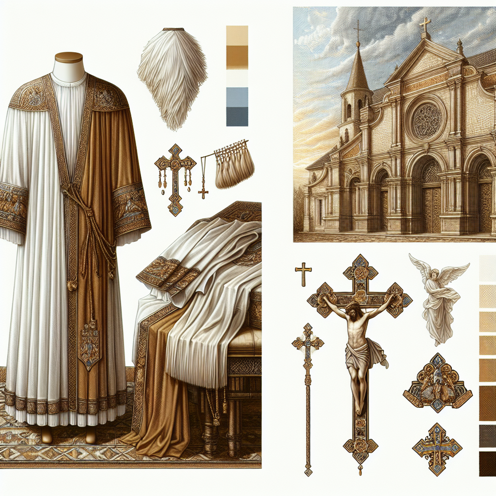 A realistic image of traditional Christian-themed clothing, showcasing detailed designs and religious symbols.