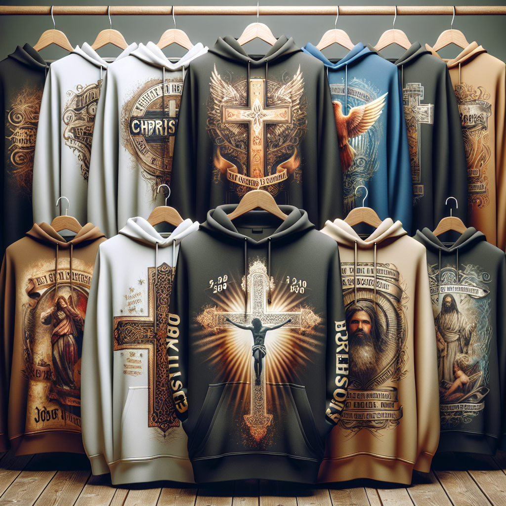 Christian-themed clothing with religious motifs, including t-shirts, hoodies, and hats.