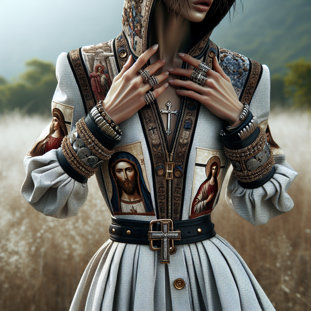 A model wearing Christian-themed clothing in a realistic, outdoor setting.