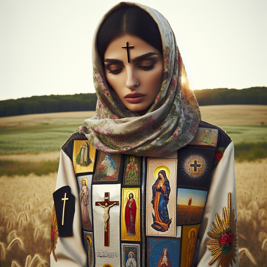 A person wearing Christian-themed clothing in a serene natural landscape.