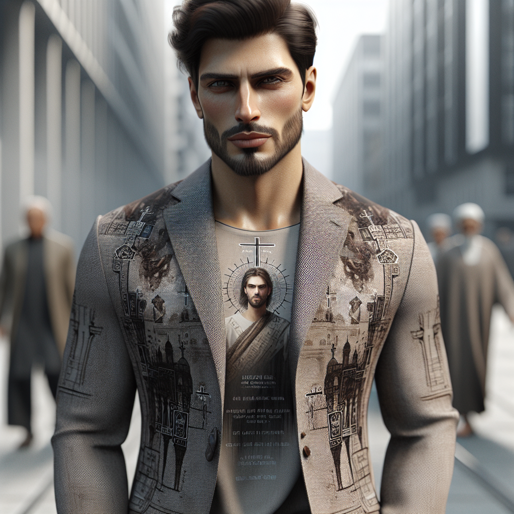 A man wearing stylish, Christian-themed clothing in a realistic style.