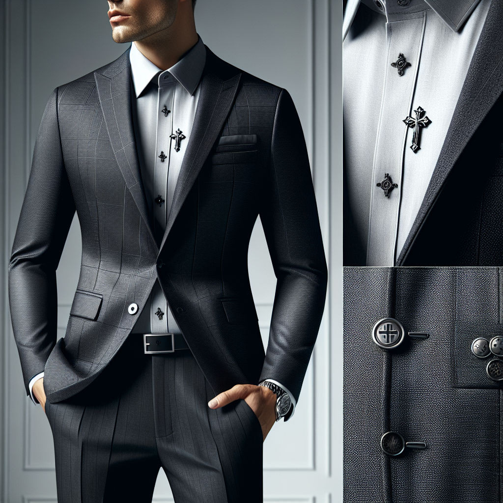 A man in stylish Christian clothing, featuring a tailored blazer, dress shirt with Christian symbols, and well-fitted trousers.