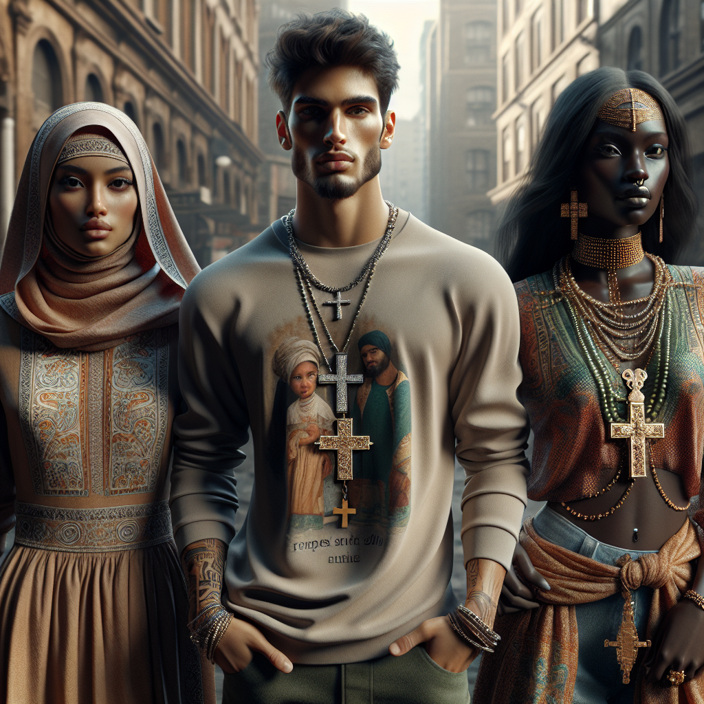 A group of diverse models in Christian-themed fashion in a modern urban setting.