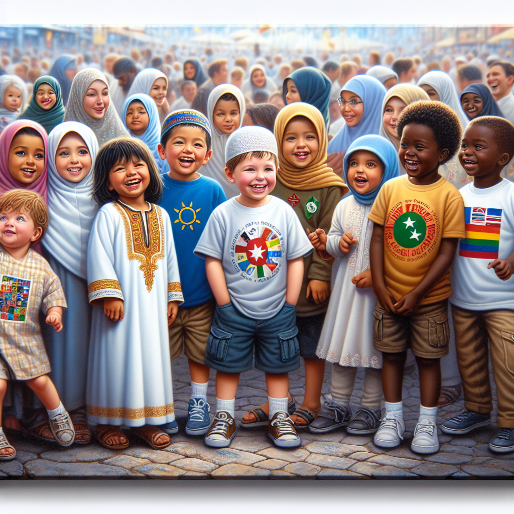 Realistic image of kids wearing religious-themed shirts.