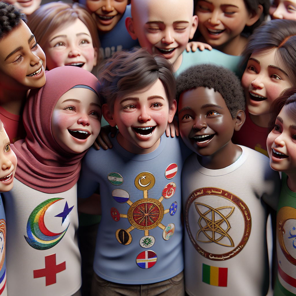 A realistic image of kids wearing religious shirts.