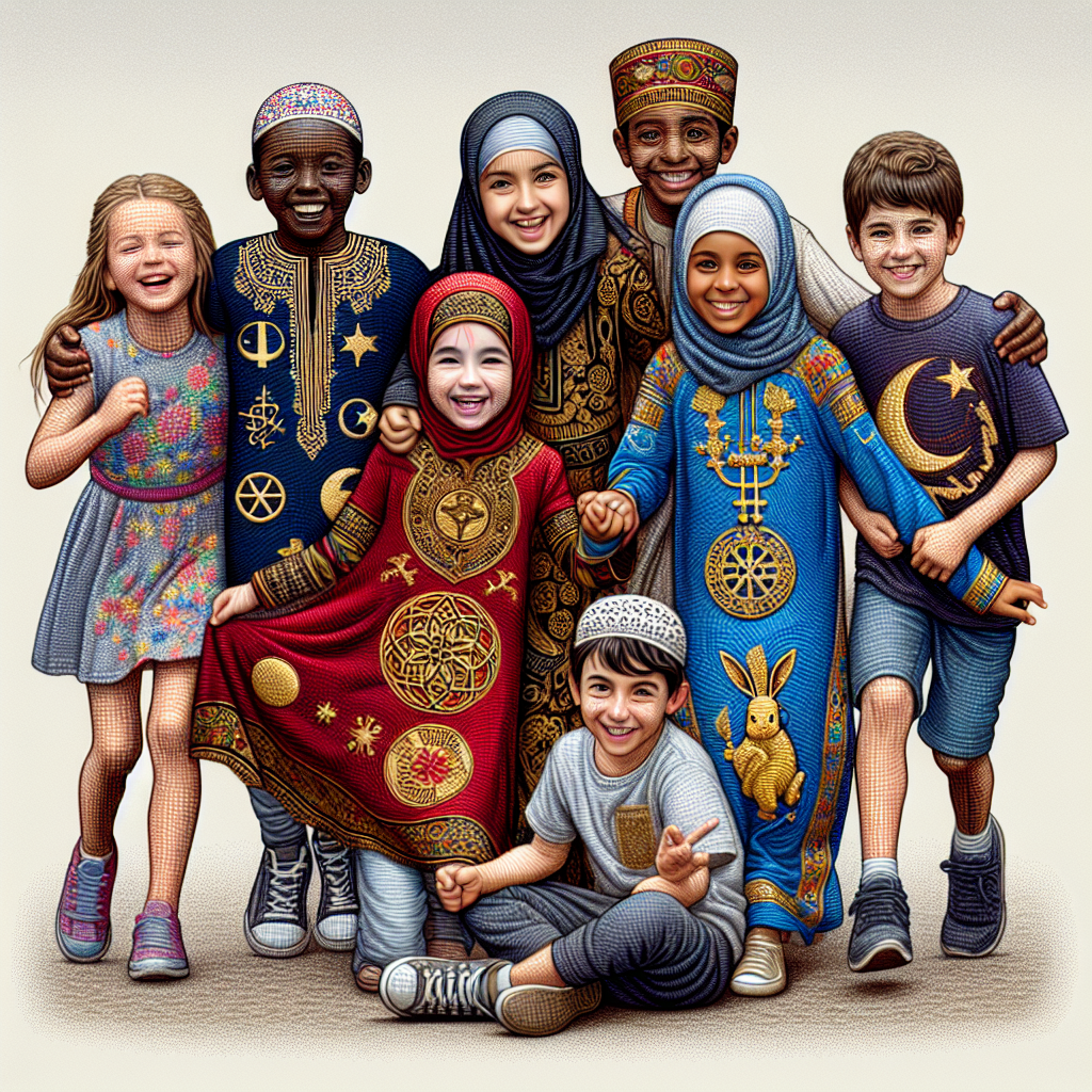 A group of children wearing religious shirts in a joyful and lively setting.