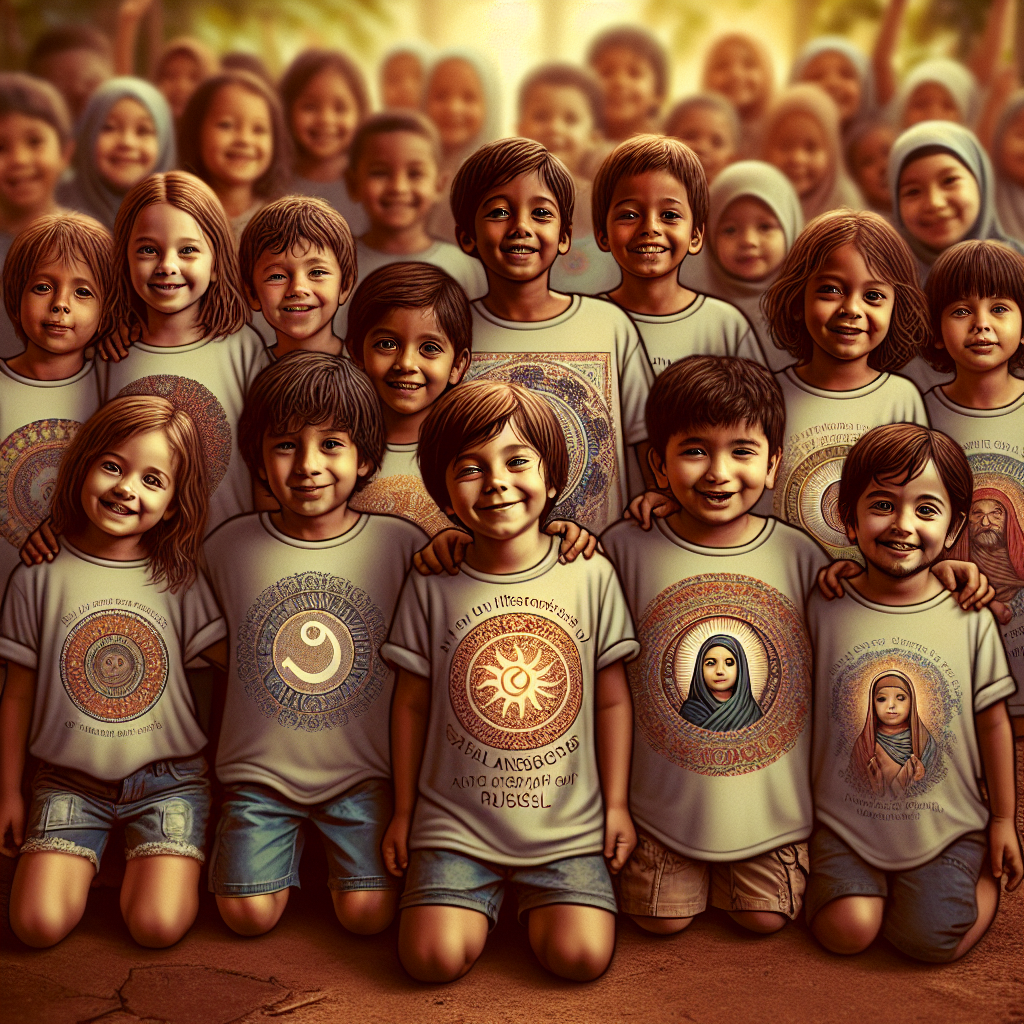 Children wearing religious-themed shirts in a warm, natural setting.