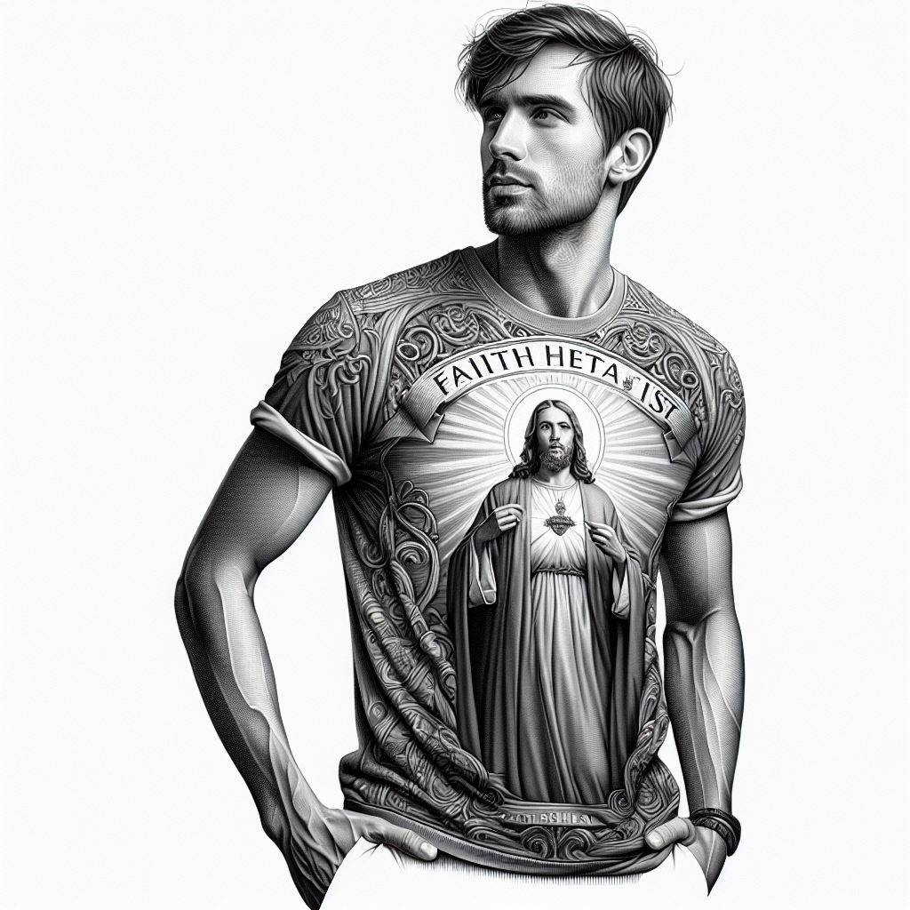 A man wearing a faith-inspired t-shirt in a realistic setting.