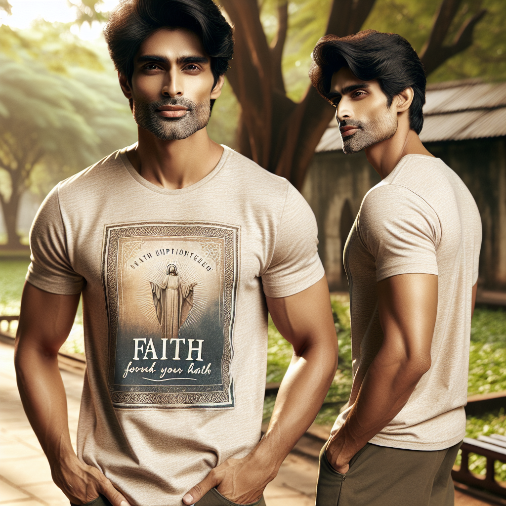 A man wearing a faith-themed t-shirt in a natural outdoor setting.