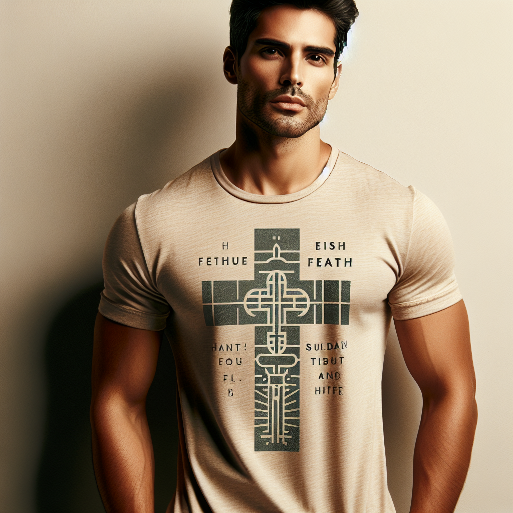 A man wearing a faith-themed t-shirt standing against a neutral background.