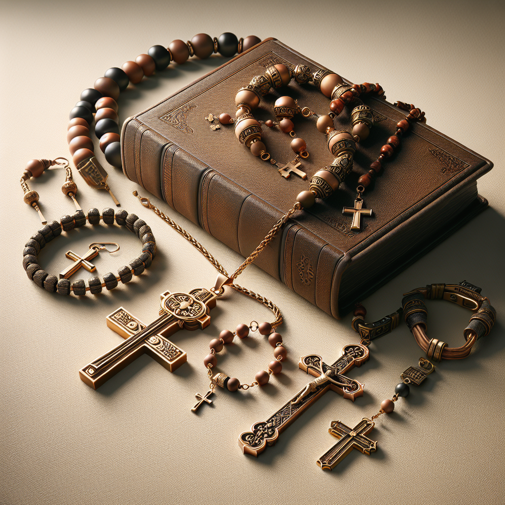 A realistic image of Christian fashion accessories including a cross necklace, rosary beads, bracelet, and a Bible.