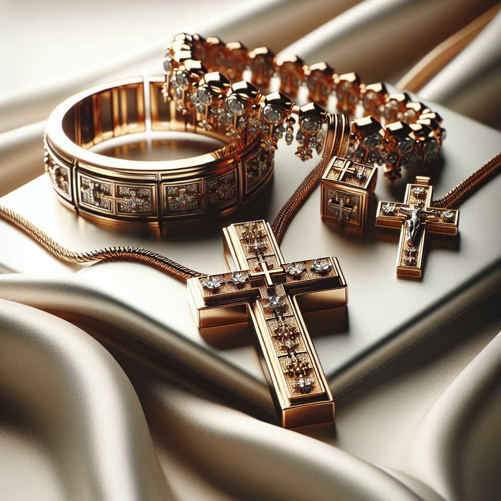 A collection of realistic Christian fashion accessories including cross necklaces, bracelets, and rings.