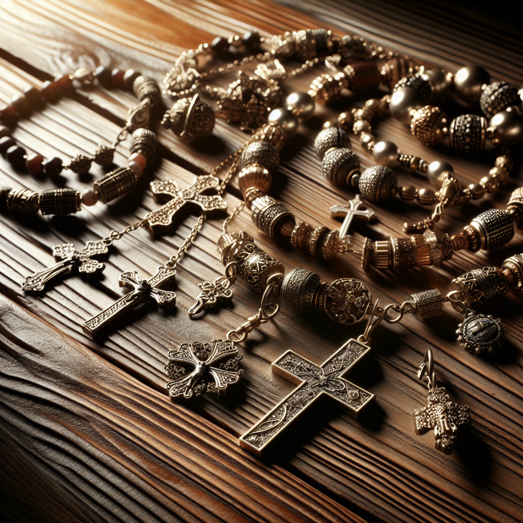A collection of Christian fashion accessories including a cross necklace, rosary beads, and religious charm bracelets arranged on a wooden surface.