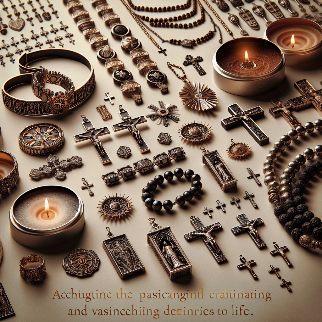 Christian fashion accessories including cross necklaces, religious bracelets, and elegant rosaries arranged on a surface.