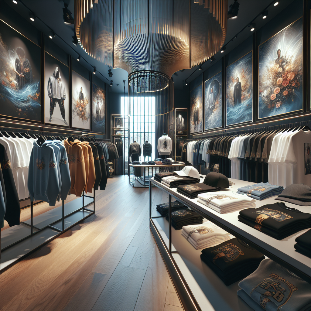 A retail store showcasing gospel wear brands with t-shirts, hoodies, and caps displaying intricate gospel-themed designs.
