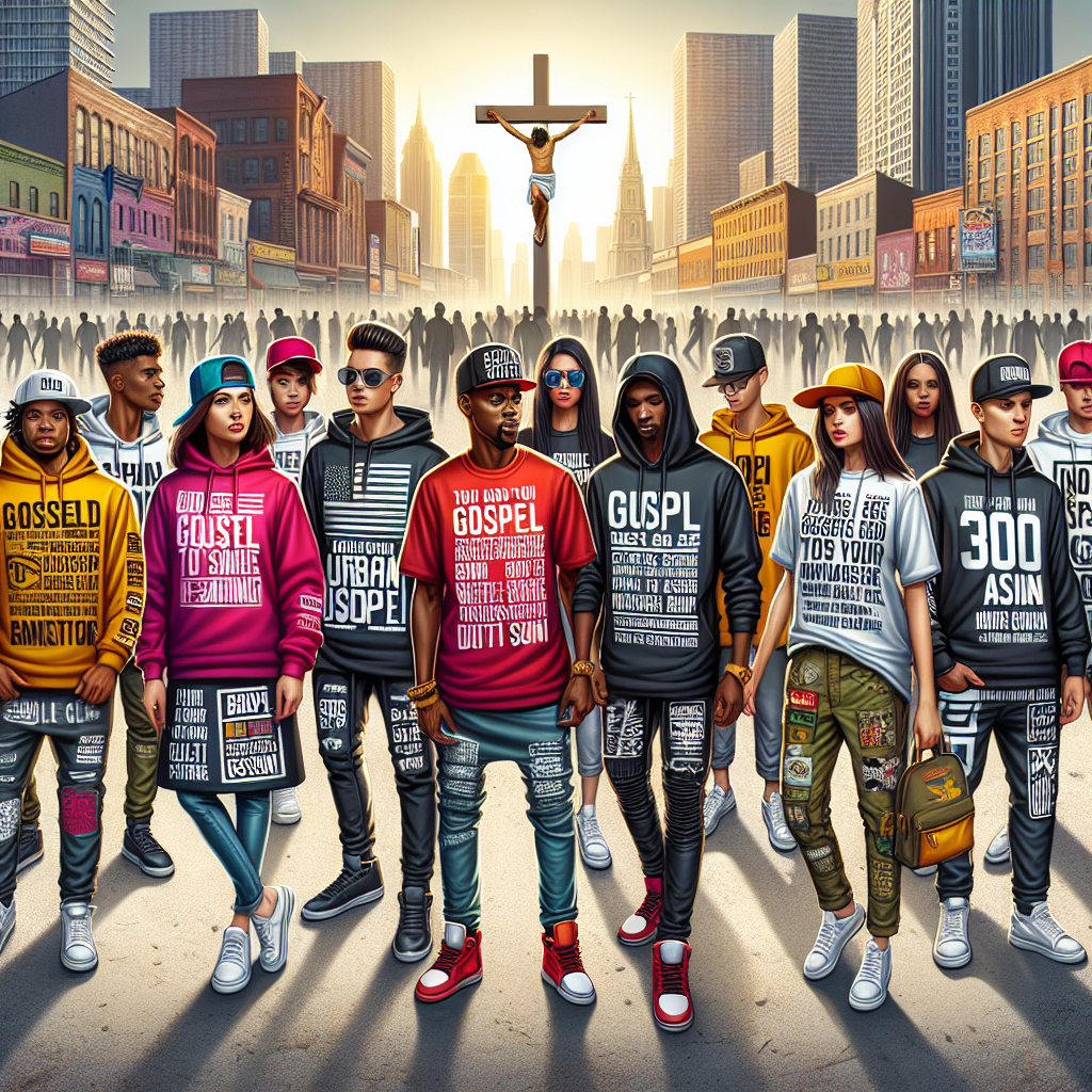 A realistic depiction of modern gospel wear brands in an urban street setting.