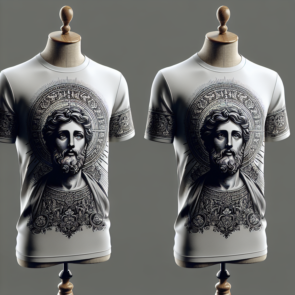 A realistic depiction of a modern t-shirt with an artistic design of Jesus.