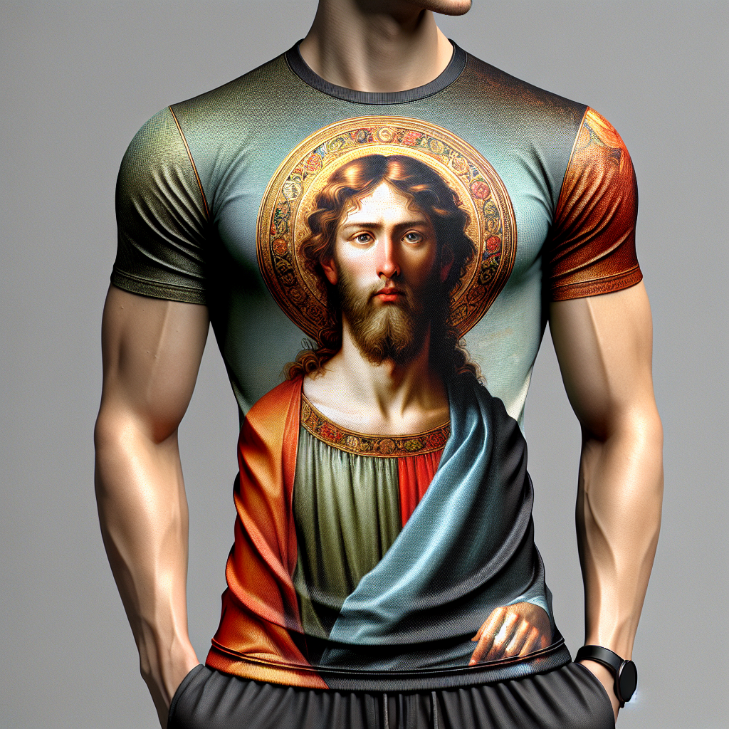Realistic image of a person wearing a t-shirt with an image of Jesus.