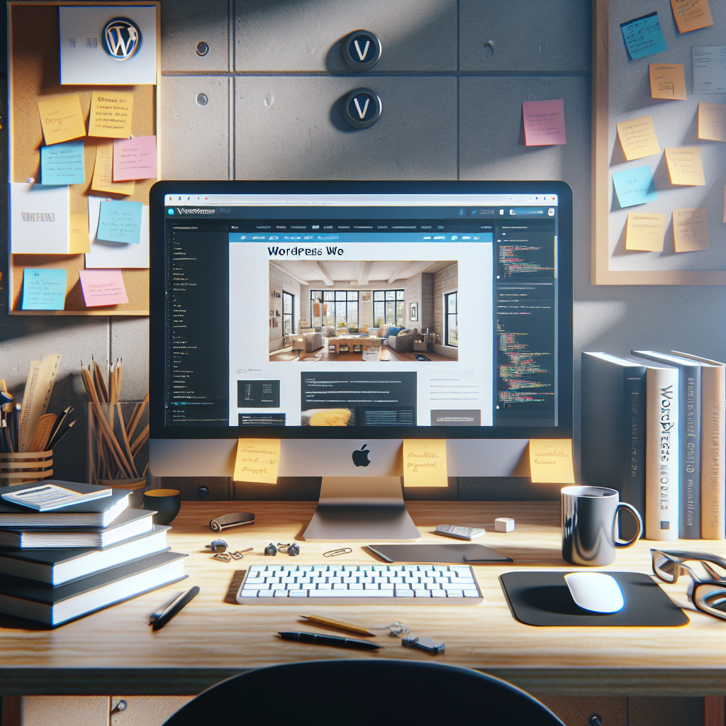A realistic depiction of a web development workspace with a focus on WordPress design and development tools.