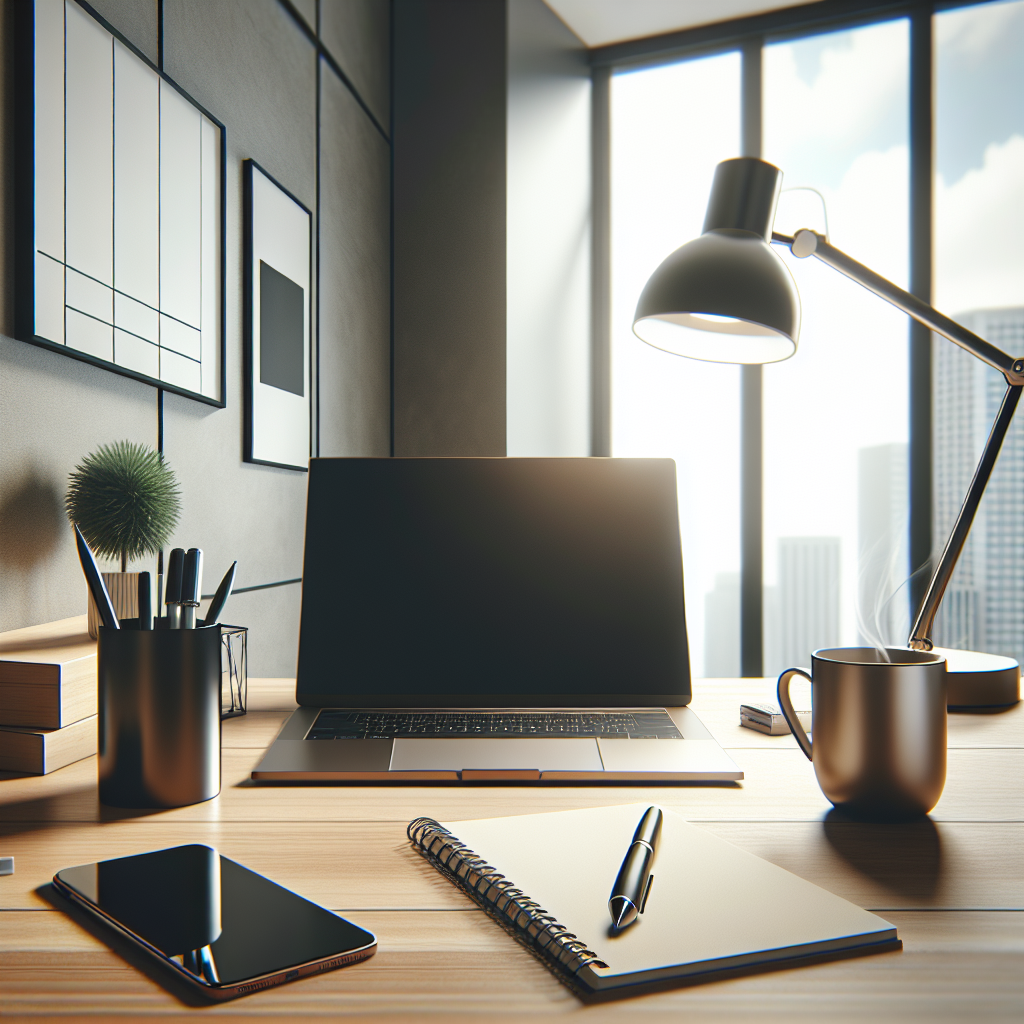 A realistic image of a modern office workspace with digital marketing tools.