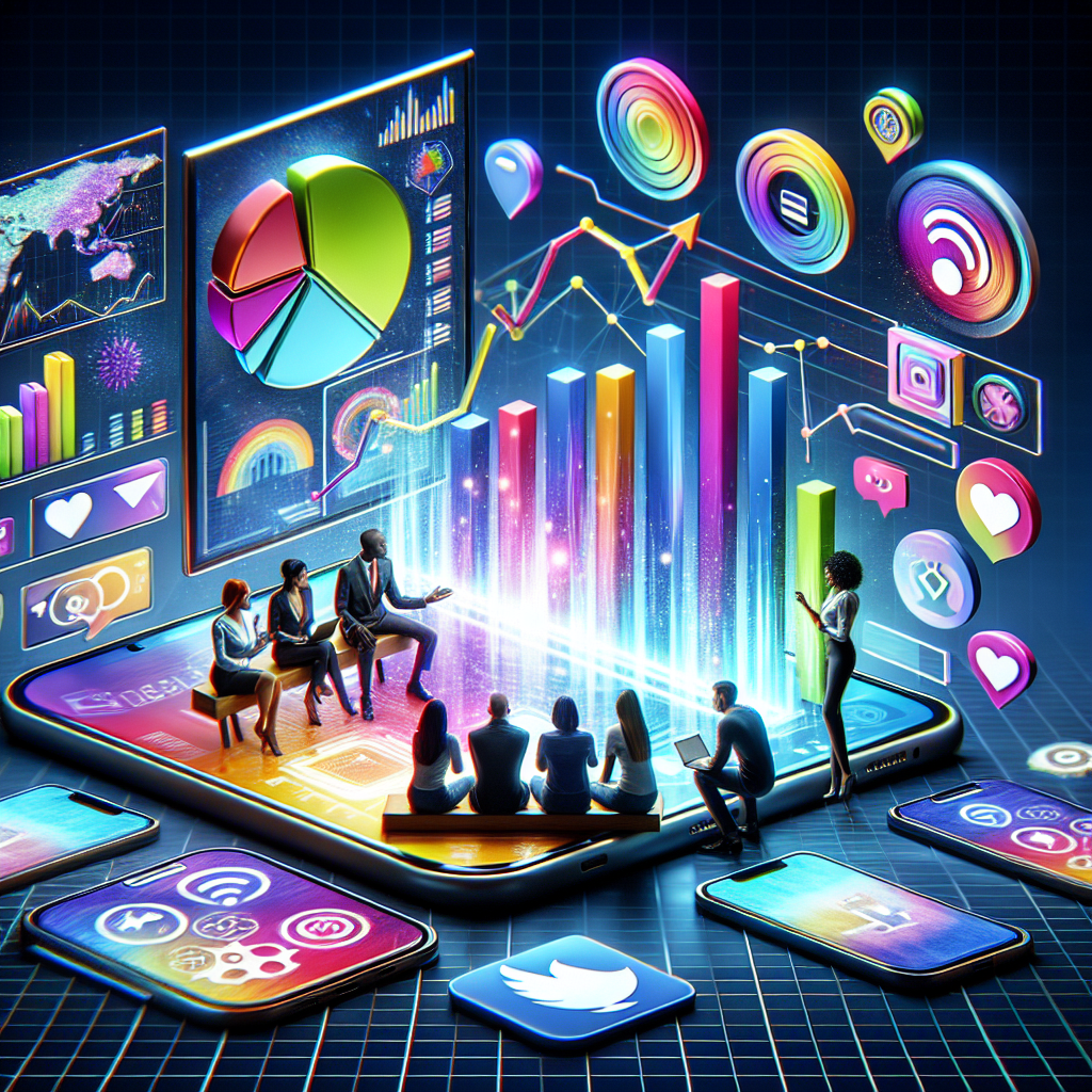 A realistic image depicting digital marketing strategies with devices, graphs, social media engagement, and discussions.
