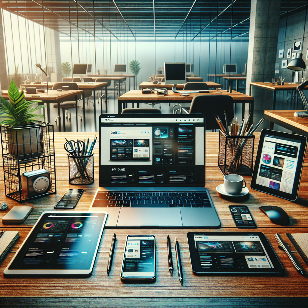 A web designer's workspace with multiple devices showcasing a responsive website layout.