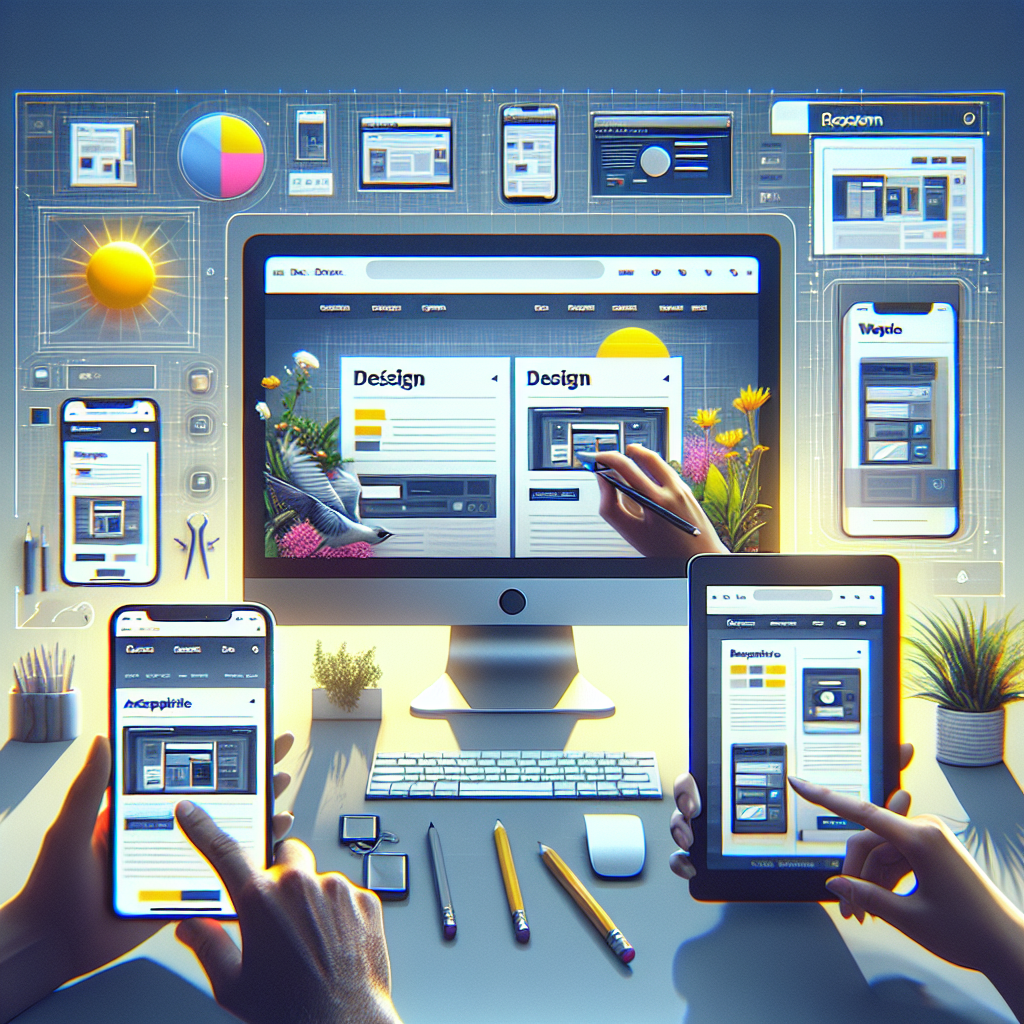 An image displaying responsive web design on a desktop monitor, tablet, and smartphone.