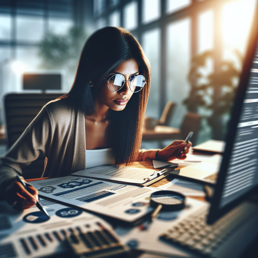 A digital marketing professional working on an SEO campaign management project in a modern office.