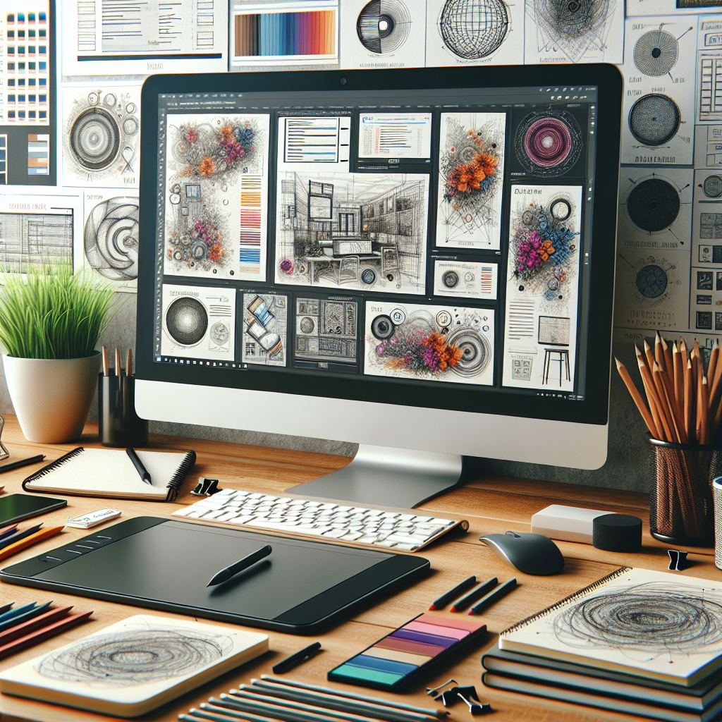 A realistic scene of a workspace full of creative web design elements and tools.